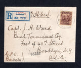 BARBADOS - 1921 - REGISTRATION & OFFICIAL MAIL: Registered cover with manuscript 'O.H.M.S.' at top franked with 1921 3d purple on pale yellow (SG 213) tied by BARBADOS R.L.O. cds dated 15 NOV 1921 with printed blue on white 'BARBADOS' registration label alongside. Addressed to USA with transit & arrival marks on reverse. A fine cover showing a second day of issue use of the 3d.  (BAR/42043)