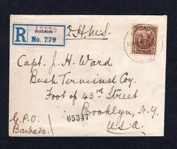 BARBADOS - 1921 - REGISTRATION & OFFICIAL MAIL: Registered cover with manuscript 'O.H.M.S.' at top franked with 1921 3d purple on pale yellow (SG 213) tied by BARBADOS R.L.O. cds dated 15 NOV 1921 with printed blue on white 'BARBADOS' registration label alongside. Addressed to USA with transit & arrival marks on reverse. A fine cover showing a second day of issue use of the 3d.  (BAR/42043)