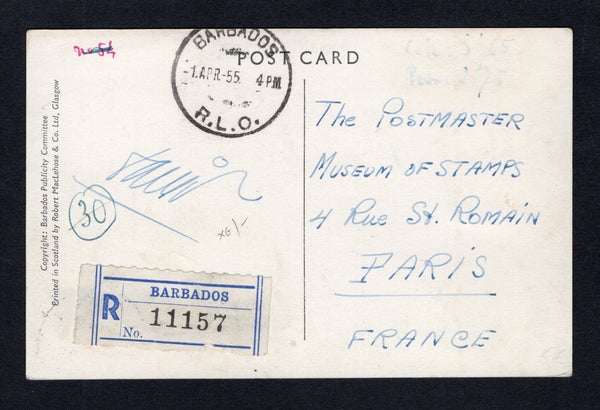 BARBADOS - 1955 - REGISTERED POSTCARD: Colour PPC 'The Crane Beach, Barbados, B.W.I.' franked on picture side with 1952 4c blue & carmine, 12c slate green & bright green and 24c red brown & brownish black GVI issue (SG 286/288) tied by BARBADOS R.L.O. cds's dated 1 APR 1955 with printed blue on white 'BARBADOS' registration label on reverse with an additional strike of the cds. Addressed to FRANCE.  (BAR43651)