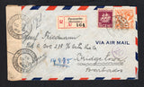 BARBADOS - 1942 - CENSORSHIP: Incoming registered airmail cover from SURINAME franked with 1931 40c vermilion & 1936 7½c purple (SG 214 & 245) tied by PARAMARIBO cds dated 20 6.1942 with printed registration label alongside. Addressed to BRIDGETOWN, BARBADOS and routed via Trinidad with REGISTRATION TRINIDAD transit cds on reverse and printed black on white 'OPENED BY EXAMINER H/' Barbados censor strip at left tied by multiple strikes of G.P.O. BARBADOS REGISTRATION cds's with additional transit & arrival 