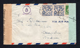 BARBADOS - 1943 - CENSORSHIP: Incoming airmail cover from SURINAME franked with 1931 pair 15c ultramarine & 1936 2½c green (SG 212 & 240) tied by PARAMARIBO cds's dated 23 1.1943 with printed black on brown 'Geopend door censuur Suriname' censor strip at left with additional strike of the PARAMARIBO cds. Addressed to BRIDGETOWN, BARBADOS with printed black on pale blue 'OPENED BY EXAMINER H/' P.C.90 Barbadian censor strip at right tied by arrival mark on reverse.  (BAR45638)
