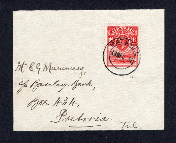 BASUTOLAND - 1937 - CANCELLATION: Cover FRONT from the 'C.G. Mummery, Barclays Bank' correspondence franked with 1933 1d scarlet 'GV' issue (SG 2) tied by fine MATSAILE cds dated 18 DEC 37. Addressed to PRETORIA TRANSVAAL.  Ex A. H. Scott collection. Illustrated on page 173 of 'The Cancellations & Postal Markings of Basutoland' by A. H. Scott.  (BAS/1651)