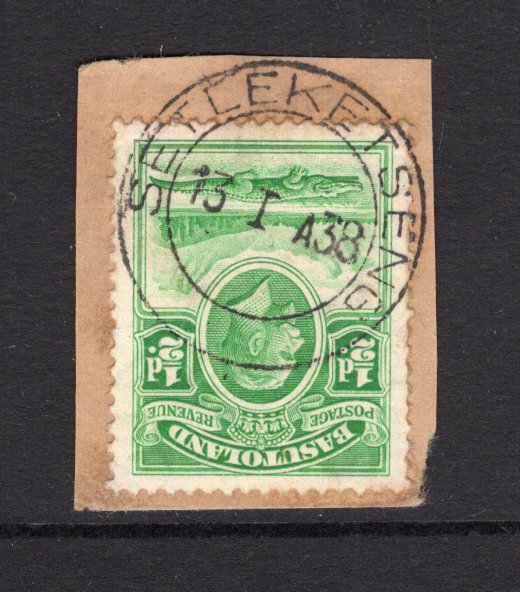 BASUTOLAND - 1938 - CANCELLATION: ½d emerald GV issue tied on small piece with superb strike of SETLEKETSENG cds dated 13 JAN 1938. This is the earliest recorded example of this cancellation. Very Rare. Ex A. H. Scott collection. Illustrated on page 264 of 'The Cancellations & Postal Markings of Basutoland' by A. H. Scott. (SG 1)  (BAS/1690)