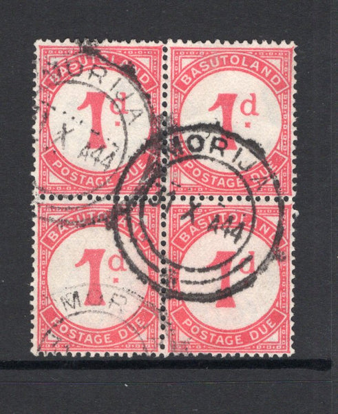 BASUTOLAND - 1933 - POSTAGE DUES: 1d scarlet 'Postage Due' issue a superb block of four used with MORIJA cds's dated 31 X 1944. Scarce multiple. (SG D1a)  (BAS/1702)