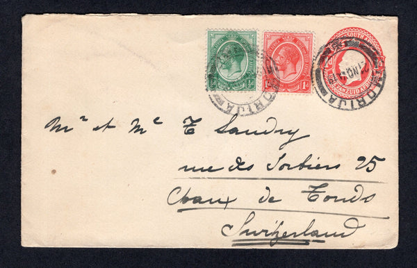 BASUTOLAND - 1919 - FORERUNNERS: SOUTH AFRICA: 1d red GV postal stationery envelope (H&G B1a) used with added 1913 ½d green and 1d rose red GV Head issue (SG 3/4) tied by two strikes of MORIJA cds dated 21 NOV 1919. Addressed to SWITZERLAND.  (BAS/41806)