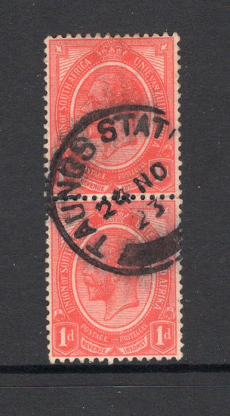 BECHUANALAND - 1923 - SOUTH AFRICA USED IN BECHUANALAND & CANCELLATION: 1d scarlet 'GV Head' issue of South Africa, a fine vertical pair used with good strike of TAUNGS STATION cds dated 24 NOV 1923. Scarce. (SG 4b)  (BEC/11229)