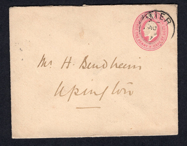 BECHUANALAND - 1905 - CANCELLATION & CAPE OF GOOD HOPE USED IN BECHUANALAND: Circa 1905. 1d pink on heavy laid paper Cape of Good Hope EVII postal stationery envelope (H&G B5) used with good strike of MIER B.B. cds. Addressed to UPINGTON with arrival cds on reverse. Scarce.  (BEC/27408)