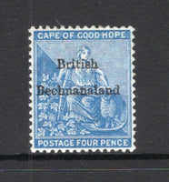 BECHUANALAND - 1885 - CLASSIC ISSUE: 4d dull blue Cape of Good Hope issue, wmk 'Crown CC' with 'British Bechuanaland' overprint in black. A fine mint copy with full gum. (SG 3)  (BEC/28972)