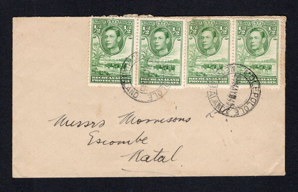BECHUANALAND - 1945 - CANCELLATION: Cover franked with strip of four 1938 ½d light yellowish green GVI issue (SG 118a, one stamp with small corner fault) tied by two strikes of MOLEPOLOLE cds dated 29 MAY 1945. Addressed to NATAL, SOUTH AFRICA.  (BEC43652)