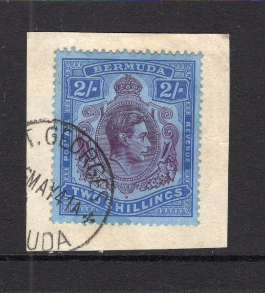 BERMUDA - 1938 - GVI ISSUE: 2/- purple & bright blue on grey blue 'Chalk Surfaced' paper GVI 'Key Type' issue, 1938 printing, comb perf 14 x 13¾. A fine used copy tied on small piece by ST GEORGES cds dated MAY 1941. (SG 116, Murray Payne #11)  (BER/11233)