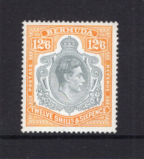 BERMUDA - 1938 - GVI ISSUE: 12/6 grey & maize on 'Chalk Surfaced' paper GVI 'Key Type' issue, 1946 printing, comb perf 14 x 13¾. A fine mint copy. (SG 120b, Murray Payne #15c)  (BER/11250)