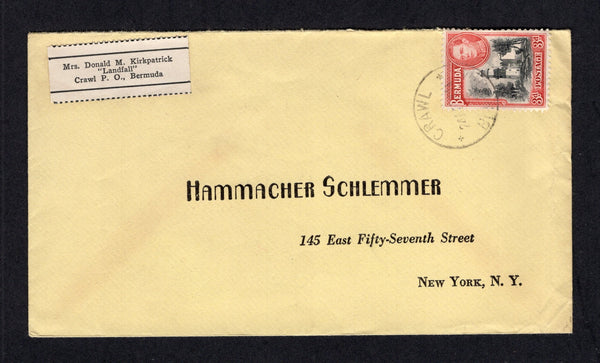 BERMUDA - 1941 - CANCELLATION: Cover franked with single 1938 3d black & rose red GVI issue (SG 114) tied by CRAWL cds. Addressed to USA.  (BER/18003)