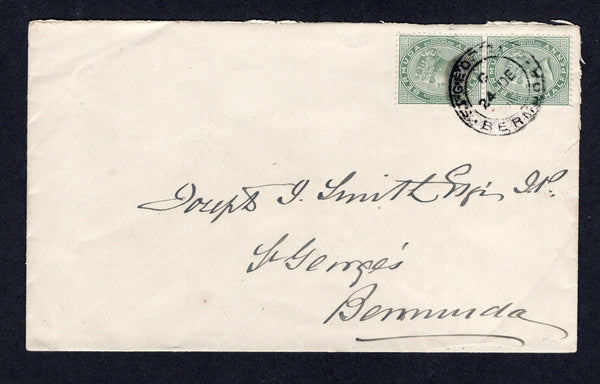 BERMUDA - 1902 - QV ISSUE: Cover franked with pair 1883 ½d dull green QV issue (SG 21) tied by HAMILTON cds dated 24 DEC 1902. Addressed internally to ST. GEORGES.  (BER/31392)