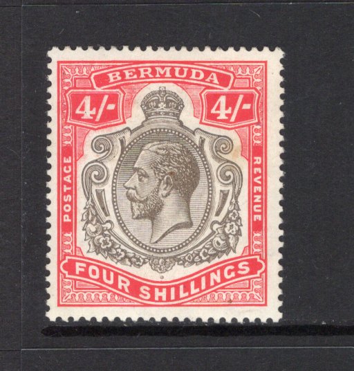 BERMUDA - 1918 - GV ISSUE: 4/- black & carmine GV 'Key Type' issue, a good mint copy with a little gum toning. (SG 52b)  (BER43712)