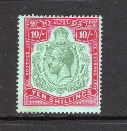 BERMUDA - 1918 - GV ISSUE: 10/- green & carmine on pale bluish green GV 'Key Type' issue. A fine good copy with two light gum tones. (SG 54)  (BER43714)
