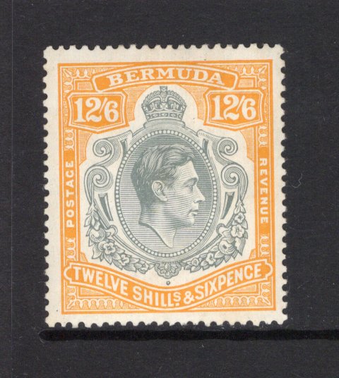 BERMUDA - 1938 - GVI ISSUE: 12/6 grey & brownish orange 'Chalk Surfaced' paper GVI 'Key Type' issue, 1938 printing, comb perf 14. A fine mint copy. 1963 BPA certificate accompanies. (SG 120a)  (BER43720)
