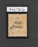 BERMUDA - 1875 - PROVISIONAL ISSUE: 1d on 3d yellow buff QV 'Surcharge' issue, watermark 'Crown CC', perf 14. A fine lightly used copy. Some slightly ragged perfs at left. 2025 RPSL certificate accompanies. (SG 16)  (BER44189)