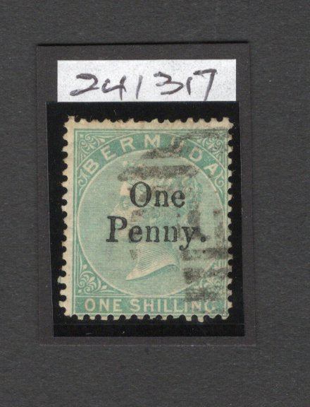 BERMUDA - 1875 - PROVISIONAL ISSUE: 1d on 1/- green QV 'Surcharge' issue, watermark 'Crown CC', perf 14. A fine lightly used copy. 2025 RPSL certificate accompanies. (SG 17)  (BER44190)