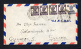 BAHRAIN - 1940 - DESTINATION & AIRMAIL: Airmail cover with manuscript 'K E Rassen, S/S CABUSTO, Overseas Tankship Corp, 15 44 St NY, N. York, USA' return address on reverse franked with 1942 strip of four 1½a dull violet and 8a bright violet GVI issue of India with 'BAHRAIN' overprint in black (SG 43 & 49) tied by BAHRAIN cds's dated 27 JAN 1948. Addressed to DENMARK. Two South African stamps used as seals on reverse.  (BHR44169)