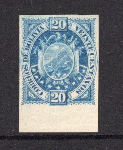 BOLIVIA - 1895 - ARMS ISSUE & PROOF: 20c bright blue ARMS issue 'Etudes & Chassepot, Paris' printing a fine IMPERF PLATE PROOF on ungummed paper in UNISSUED COLOUR. (As SG 74)  (BOL/1487)