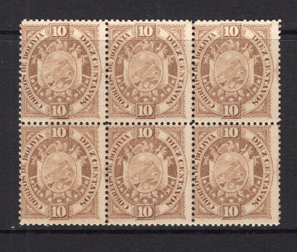BOLIVIA - 1895 - ARMS ISSUE: 10c bistre brown on thick paper ARMS issue 'Etudes & Chassepot, Paris' printing a fine mint block of six. Scarce & underrated issue. (SG 73)  (BOL/1491)