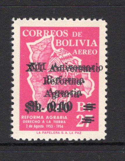 BOLIVIA - 1966 - VARIETY: 10c on 27b bright magenta with variety 'XII Aniversario Reforma Agraria' OVERPRINT DOUBLE. A fine mint copy. (SG 800 variety)  (BOL/29054)