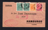 BOLIVIA - 1900 - REGISTRATION: Cover franked with 1899 pair 5c deep green, 10c orange and 20c rose 'Sucre' issue on front and additional 2c red on reverse (SG 93/94 & 96/97) all tied by LA PAZ cds's dated 10 DEC 1900 with registration handstamp in red on front. Addressed to GERMANY with large oval CALLAO PERU SECCION DE CERTIFICADOS transit mark on front and German arrival cds on reverse. Cover is a little roughly opened at top but otherwise a superb and colourful franking.  (BOL36320)