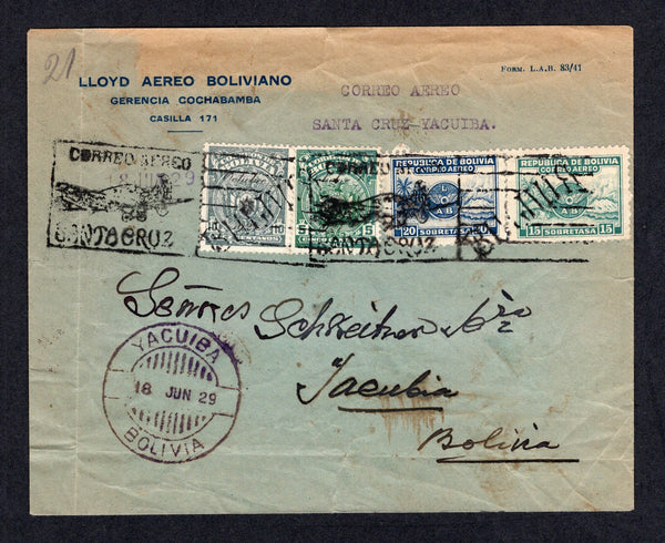 BOLIVIA - 1929 - FIRST FLIGHT: Headed 'Lloyd Aereo Bolivano' envelope franked with 1928 5c green & 10c grey  & 1928 15c green and 20c blue 'L.A.B.' issue (SG 207/208 & 217/218) sent on the SANTA CRUZ - YACUIBA First Flight with stamps tied by CORREO AEREO SANTA CRUZ 18 JUN 1929 'Aeroplane' cancels with YACUIBA arrival cds on front. Numbered '21' in manuscript on front. Couple of creases but scarce Flight. (Unlisted by Muller)  (BOL/380)