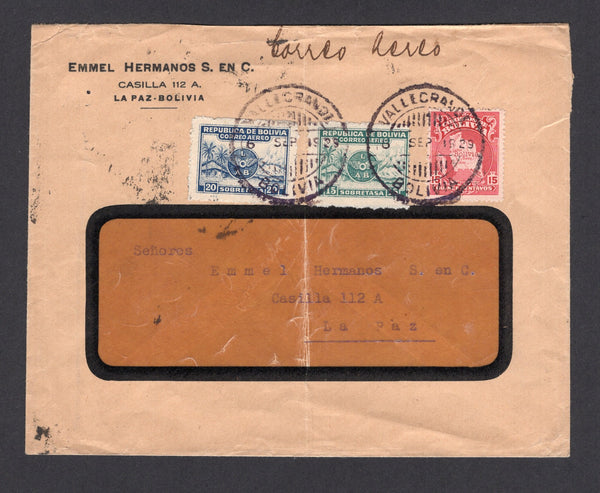 BOLIVIA - 1929 - AIRMAIL: Cover with manuscript 'Correo Aereo' at top franked with 1928 15c green and 20c blue 'LAN' airmail issue and 1928 15c carmine 'Map' issue (SG 217/218 & 223) all tied by VALLEGRANDE cds's dated 6 SEP 1929. Addressed to LA PAZ with arrival cds on reverse. An uncommon early internal airmail cover.  (BOL/41849)