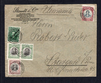 BOLIVIA - 1912 - CANCELLATION: Cover franked with 1909 1c black & chocolate and pair 2c black & green, 1910 10c black & carmine and 1911 5c on 2c green (SG 115/116, 124 & 127) all tied by multiple strikes of VILLAMONTES CHACO BOLIVIANO cds dated 22 IV. 1912. Addressed to GERMANY. A very rare origination & cancel.  (BOL/42022)