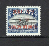 BOLIVIA - 1930 - VARIETY: 25c black & blue 'Establishment of National Aviation School' AIRMAIL issue with overprint in normal red ink showing variety OVERPRINT INVERTED. A fine mint copy. Rare, only 100 were issued. 2012 B. Moorhouse certificate accompanies. (SG 232 variety, Sanabria #25a)  (BOL/43270)