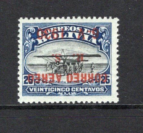 BOLIVIA - 1930 - VARIETY: 25c black & blue 'Establishment of National Aviation School' AIRMAIL issue with overprint in normal red ink showing variety OVERPRINT INVERTED. A fine mint copy. Rare, only 100 were issued. 2012 B. Moorhouse certificate accompanies. (SG 232 variety, Sanabria #25a)  (BOL/43270)