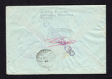 BOLIVIA - 1935 - CHACO WAR: Cover with typed 'Dorothy Eliasson, Santiago, Chiquitos, Bolivia' on reverse franked with strip of 3 1930 5c light blue (SG 254) cancelled by three line ADIMINISTRACION PRINCIPAL DE CORREOS PUERTO SUAREZ BOLIVIA cancel in blackish brown with oval CORREJIMIENTO CHIQUITOS DE SANTIAGO marking and straight line 'CENSURADO' with manuscript signature in red on reverse with large circular COMMANDANCIA DE LA QUINTA DIVISION '5' cachet in purple alongside. Addressed to USA and routed thr
