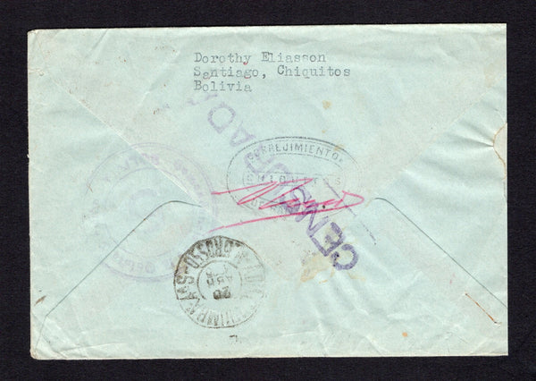 BOLIVIA - 1935 - CHACO WAR: Cover with typed 'Dorothy Eliasson, Santiago, Chiquitos, Bolivia' on reverse franked with strip of 3 1930 5c light blue (SG 254) cancelled by three line ADIMINISTRACION PRINCIPAL DE CORREOS PUERTO SUAREZ BOLIVIA cancel in blackish brown with oval CORREJIMIENTO CHIQUITOS DE SANTIAGO marking and straight line 'CENSURADO' with manuscript signature in red on reverse with large circular COMMANDANCIA DE LA QUINTA DIVISION '5' cachet in purple alongside. Addressed to USA and routed thr