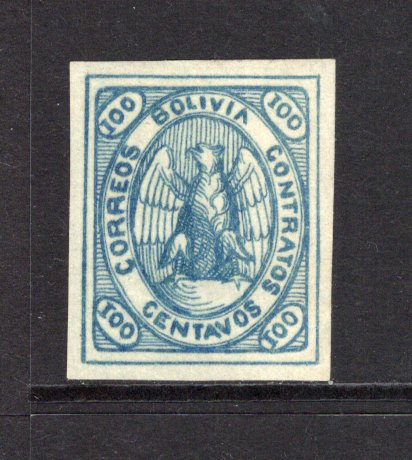 BOLIVIA - 1867 - CONDOR ISSUE: 100c blue 'Condor' issue a very fine four margin copy mint with full O.G. (SG 9)  (BOL43927)