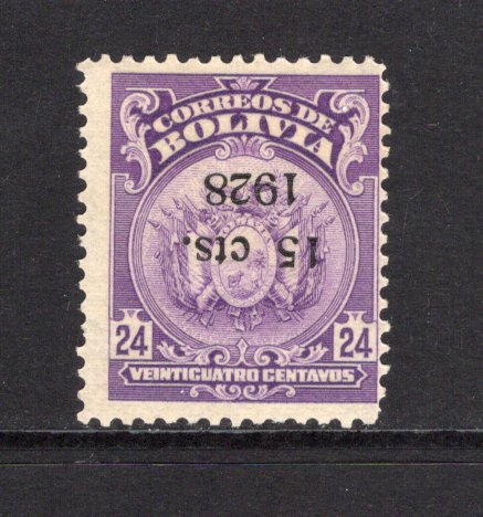 BOLIVIA - 1928 - SURCHARGES: 15c on 24c bright violet 'ABNCo.' printing with variety OVERPRINT INVERTED, a fine mint copy. (SG 213a)  (BOL43929)