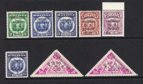 BOLIVIA - 1937 - SURCHARGES: 'Comunicaciones D.S. 25-2-1937' surcharge set of eight fine mint. (SG 308/316)  (BOL43932)