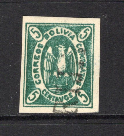 BOLIVIA - 1867 - CONDOR ISSUE: 5c deep green 'Condor' issue, a very fine four margin copy from the original plate, lightly used with part strike of straight line TARIJA cancel in black. (SG 1b)  (BOL44174)