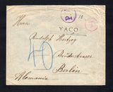 BOLIVIA - 1916 - CANCELLATION & STAMP SHORTAGE: Stampless cover with manuscript 'F.C. Goetz G, La Paz, Bolivia, Casilla 46, Sudamerika' return address on reverse with fine strike of 'YACO' between lines marking in black with 'T' in circle TAX marking in red and manuscript '10' alongside plus unusual circular 'P.7.' marking in violet. Addressed to GERMANY with large manuscript '40' (pfennig) postage due mark in blue crayon applied on arrival. Very scarce.  (BOL44299)