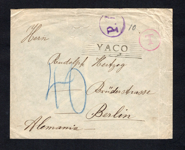 BOLIVIA - 1916 - CANCELLATION & STAMP SHORTAGE: Stampless cover with manuscript 'F.C. Goetz G, La Paz, Bolivia, Casilla 46, Sudamerika' return address on reverse with fine strike of 'YACO' between lines marking in black with 'T' in circle TAX marking in red and manuscript '10' alongside plus unusual circular 'P.7.' marking in violet. Addressed to GERMANY with large manuscript '40' (pfennig) postage due mark in blue crayon applied on arrival. Very scarce.  (BOL44299)