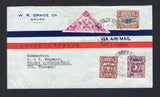 BOLIVIA - 1938 - PROVISIONAL ISSUE: Printed 'W.R Grace & Co. Oruro' airmail cover franked with 1937 45c on 1b red brown, 1b on 2b purple and 5b on 50c bright magenta 'Triangle' issue all with 'COMMUNICACIONES D.S. 25-2-37' overprints and 12b on 10c black & orange red AIR issue with 'CORREO AEREO D.S. 25-2-37' overprint (SG 312/313, 316 & 326) all tied by CORREO AEREO L.A.B. OURURO cds's dated 3.IV.1938. Addressed to SWITZERLAND with transit & arrival cds's on reverse. Difficult issues to find on cover.  (B