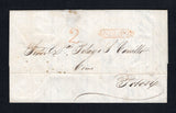BOLIVIA - 1844 - PRESTAMP: Complete folded letter datelined 'Oruro Decbr 22 de 1844' inside with good strike of fancy ORURO 'Scroll' marking in red with '2' rate handstamp also in red alongside. Addressed to POTOSI.  (BOL45818)