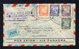 BOLIVIA - 1937 - FIRST FLIGHT: Airmail cover franked with 1935 10c deep green, 20c violet, 30c ultramarine & 50c orange (SG 299/302) tied by large oval CORREO AEREO ORURO cancels dated 16 ABR 1937. Flown on the Oruro - Argentina first flight with large boxed 'CORREOS DE BOLIVIA ORURO PRIMER VUELO POSTAL BOLIVIA - ARGENTINA 16 Avril 1937' first flight cachet in purple on front. Addressed to CORDOBA, ARGENTINA with arrival cds on reverse. A scarce flight. Unlisted by Muller.  (BOL45822)