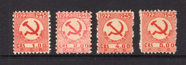 BRAZIL - 1945 - CINDERELLA: 1cr, 2cr, 4cr & 5cr red  'Hammer & Sickle' labels inscribed 'P.C.B.' and 'PARTIDO COMUNISTA DO BRASIL' dated '1922 - 1945' believed to be labels commemorating the forming of the party in 1922, all fine mint. Very unusual.  (BRA/26161)