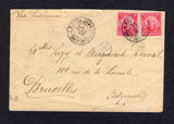 BRAZIL - 1911 - TRAVELLING POST OFFICES: Cover franked with 1906 2 x 100rs rose carmine (SG 264) tied by good strike of AMB.-LEOPOLDINA (MINAS) travelling post office cds with fine second strike alongside and additional R.M.- RIO VOLTA cds on reverse. Addressed to BELGIUM with arrival cds also on reverse.  (BRA26534)