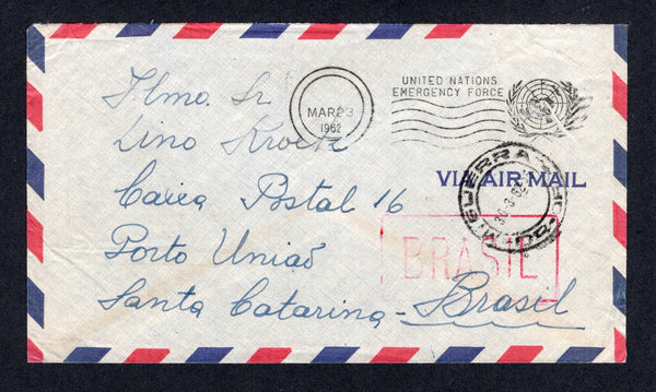 BRAZIL - 1962 - UNITED NATIONS MILITARY FORCE: Stampless airmail cover with manuscript 'CB 4069 Kioetz CCS, Brazilian Battalion c/o UNEF - B.P.O.  Beyrut - Libano' return address on reverse with blank UNITED NATIONS EMERGENCY FORCE roller cancel dated MAR 23 1962 (showing no indication of location) on front with M.GUERRA DR - OF cds and boxed 'BRASIL' origination mark in red. The reverse has a fine strike of the boxed 'I EXERCITO QUARTEL GENERAL CORREIO DE SUEZ' cachet in black with circular SV POSTAL BTL 