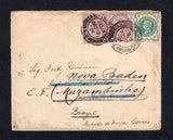 BRAZIL - 1901 - INCOMING MAIL & GERMAN SETTLEMENT: Cover from Great Britain franked with pair 1881 1d lilac and 1900 ½d blue green QV issue (SG 174 & 213) tied by LONDON cds's. Addressed to 'Sig Fritz Reichmann, Capella Nova do Berlin, Via Bello Horizonte, Brazil, Estado de Minas Gerais' and re-directed to 'Nova Baden, Muzambinho' with various RIO DE JANEIRO and PIRAHY transit cds's on reverse. Unusual destination.  (BRA26607)