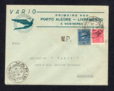 BRAZIL - 1932 - PRIVATE AIRMAIL COMPANIES - VARIG - FIRST FLIGHT: Printed 'VARIG Primiero Voo Porto Alegre - Livramento e Vice - Versa' envelope franked with 1929 200r rose red 'Industry' issue & Varig 1932 500r ultramarine on blue (SG 313 & Sanabria #V29) tied by PORTO ALEGRE cds dated 19 APR 1932. Addressed to LIVRAMENTO with arrival cds on reverse. (Muller #166)  (BRA28121)