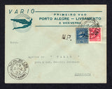 BRAZIL - 1932 - PRIVATE AIRMAIL COMPANIES - VARIG - FIRST FLIGHT: Printed 'VARIG Primiero Voo Porto Alegre - Livramento e Vice - Versa' envelope franked with 1929 200r rose red 'Industry' issue & Varig 1932 500r ultramarine on blue (SG 313 & Sanabria #V29) tied by PORTO ALEGRE cds dated 19 APR 1932. Addressed to LIVRAMENTO with arrival cds on reverse. (Muller #166)  (BRA/28122)