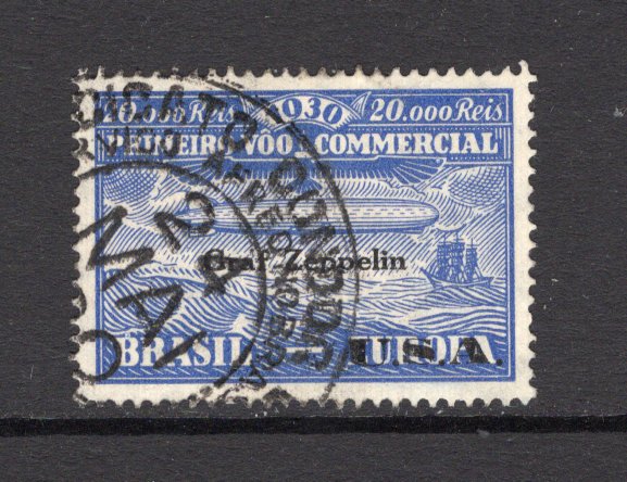 BRAZIL - 1930 - PRIVATE AIRMAIL COMPANIES - CONDOR: 20,000rs ultramarine 'Condor Zeppelin' issue with 'Graf Zeppelin U.S.A.' overprint, a very fine cds used copy. Only 3390 exist. (Sanabria #Z8, RHM #Z-9)  (BRA/29859)